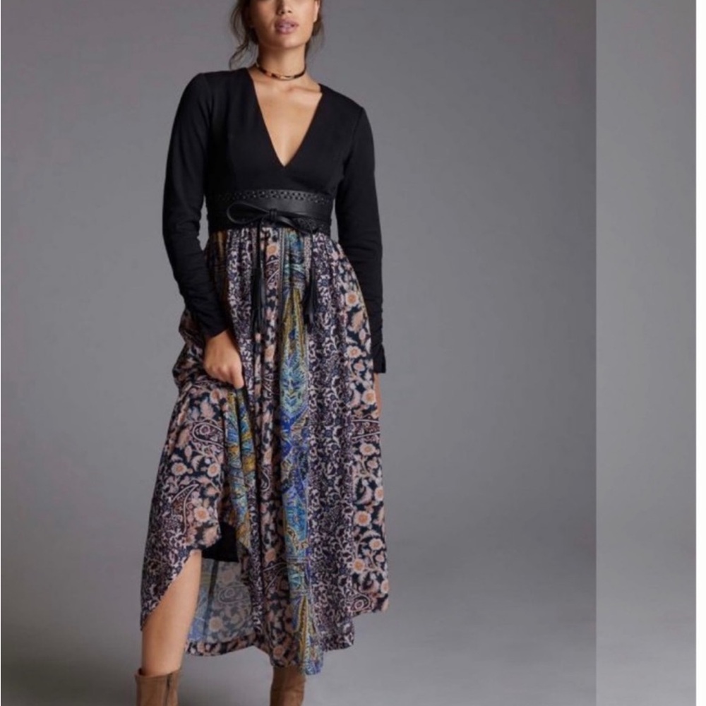 ANTHROPOLOGIE Mixed fabric/ Print‎ Deep V Neck Maxi Dress